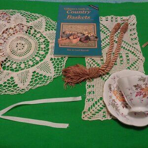 VINTAGE TEA CUP SAUCER OLD DOILYS COUNTRY BASKETS BOOK PILLOW SHAM ETC. …